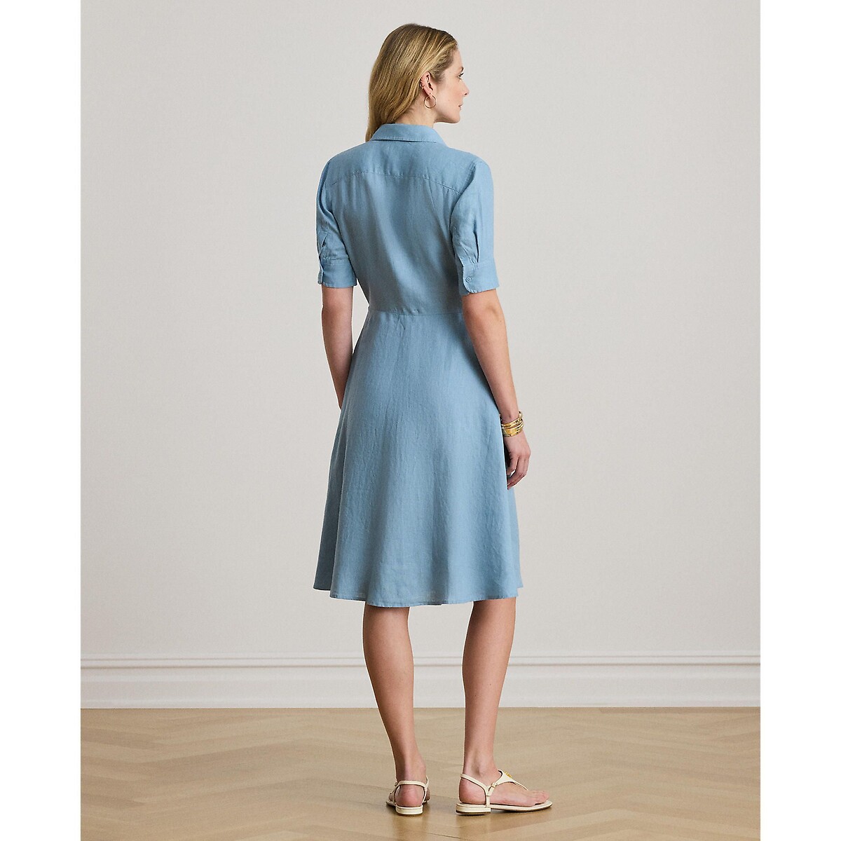 Vestido camisero de lino de manga corta azul cielo, LAUREN RALPH LAUREN