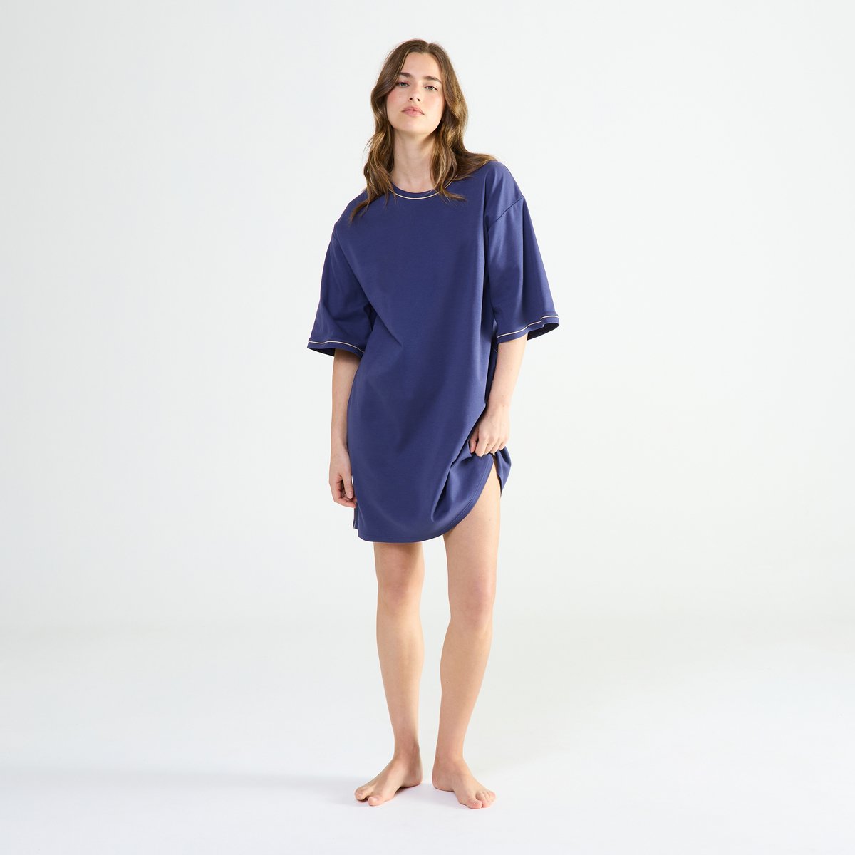 Chemise de nuit courte col rond en coton MYSTÉRIEUSE marine, LAURENCE TAVERNIER