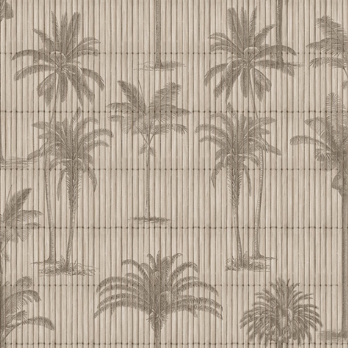 Papier peint palmiers gravés fond bambou naturel beige, HEXOA