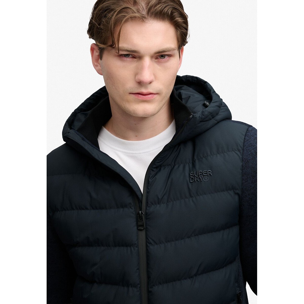 Veste hybride, en maille, à capuche bleu marine, SUPERDRY