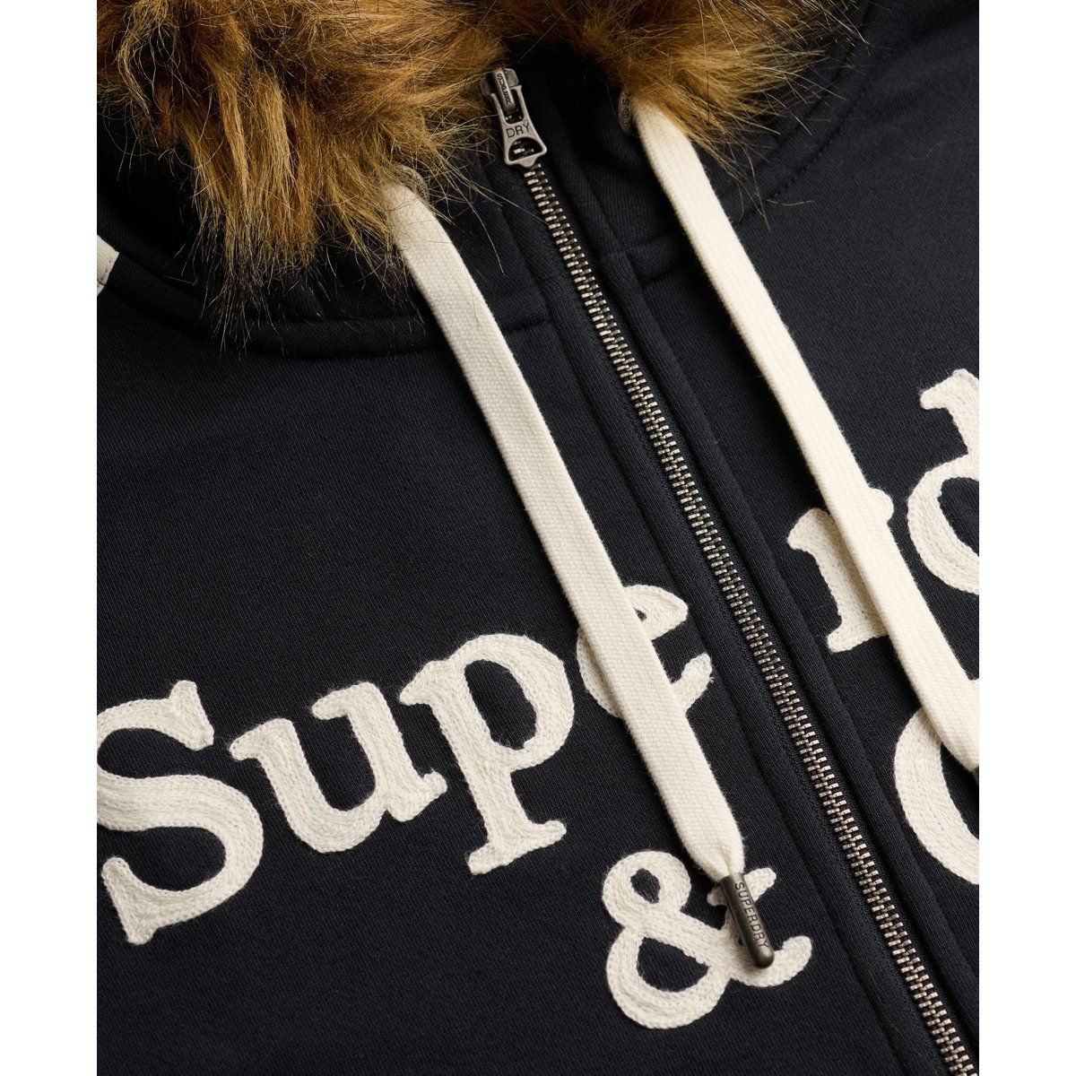 Sweat zippé à capuche Vintage Fur Applique coupe oversize bleu marine éclipse, SUPERDRY