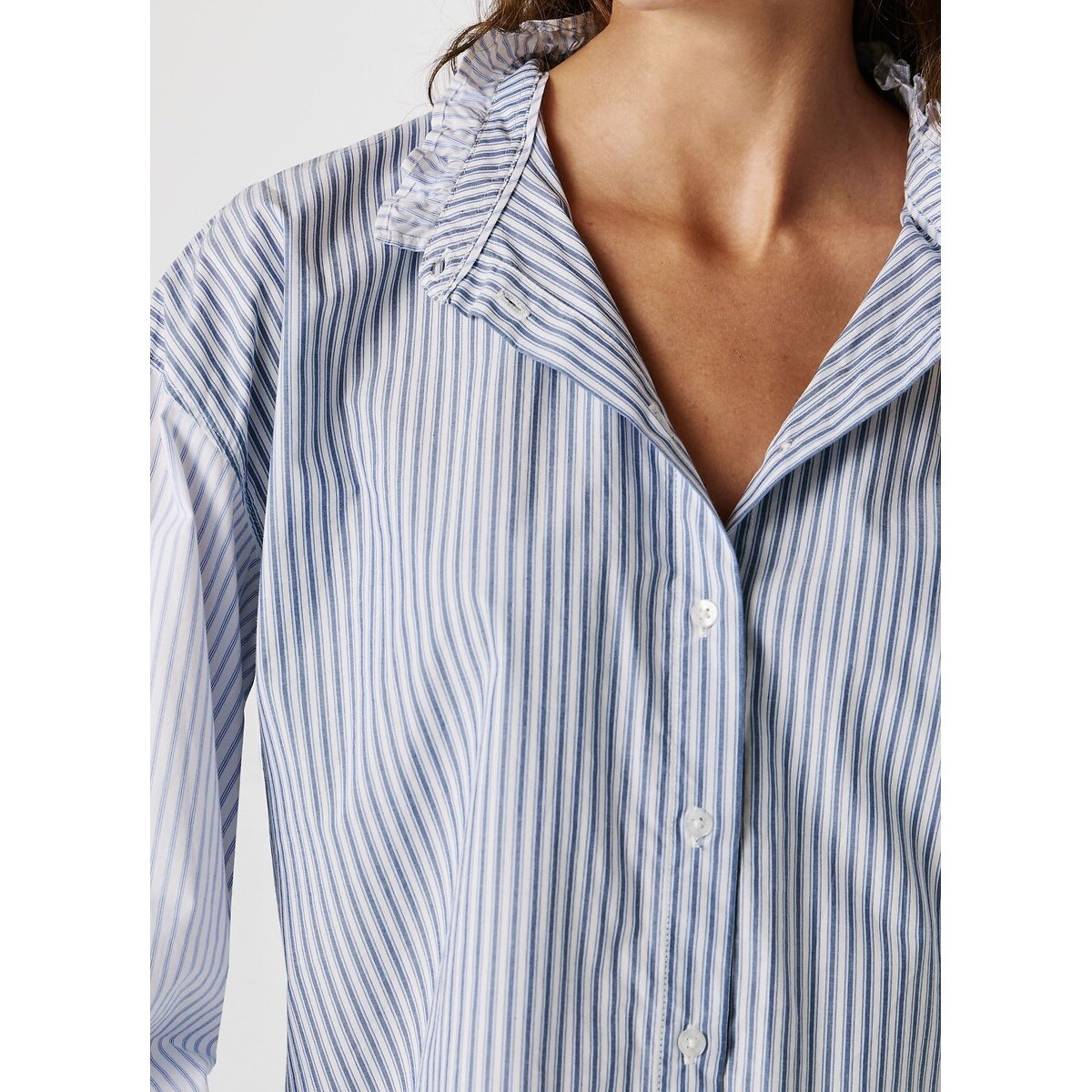 Striped Mandarin Collar Blouse with Ruffles sky blue striped, PEPE JEANS