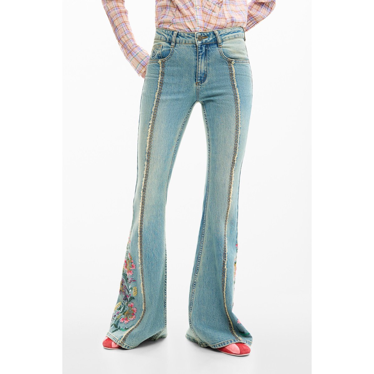 Pantalon en jean à fleurs évasé bleu clair, DESIGUAL