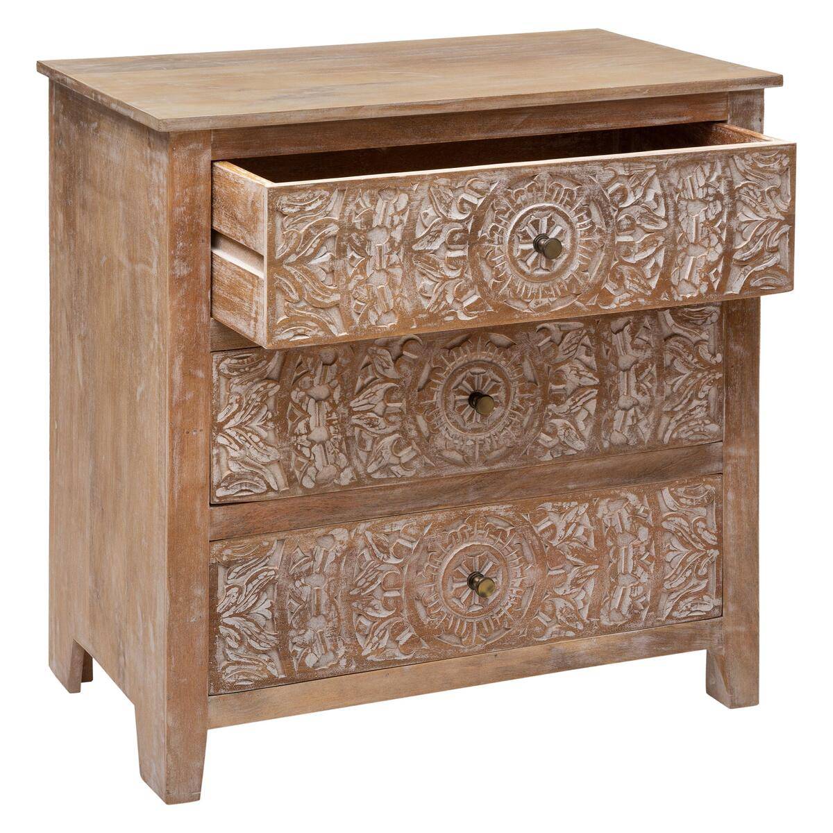 Commode 3 tiroirs bois de manguier SHIREL beige, ATMOSPHERA
