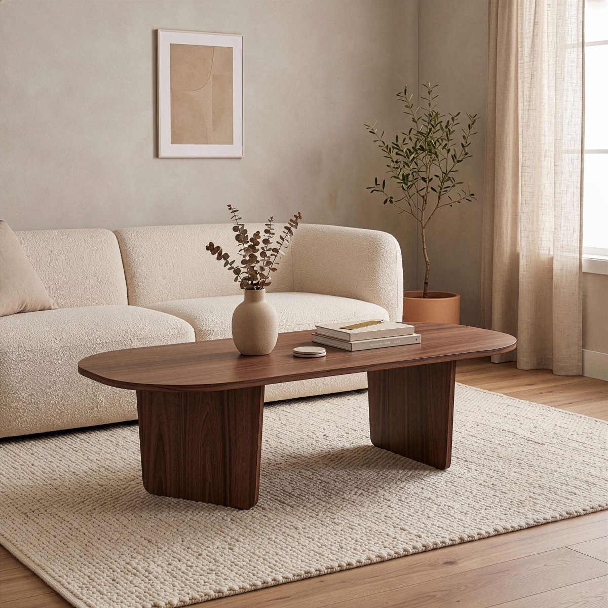 Table basse avec plateau aux bords arrondis noyer, CALICOSY