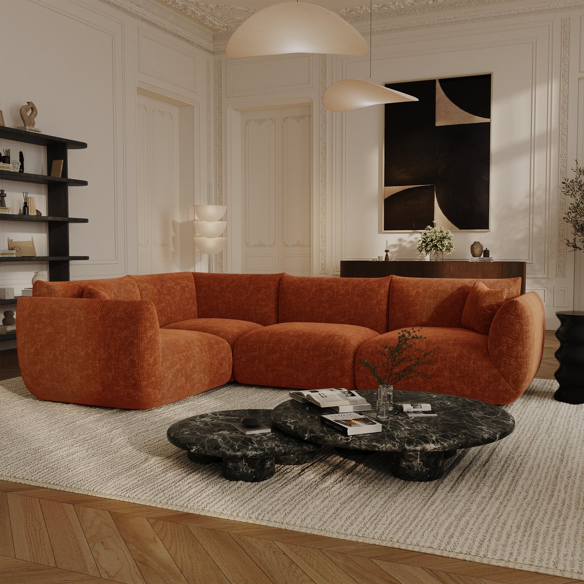 Canapé d'angle gauche modulable 6 places en velours chenillé NOOMA terracotta, SIA HOME