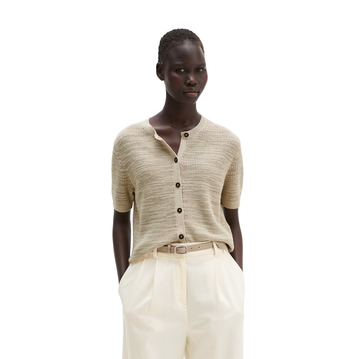 Slub-Cardigan loose en mélange de lin et de coton beige, MARC O'POLO