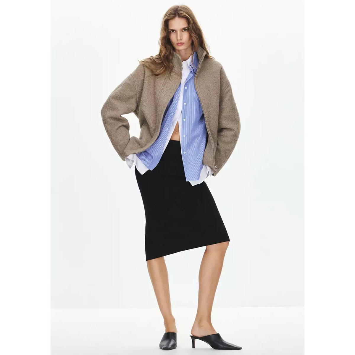 Manteau à col cheminée avec ceinture marron moyen, MANGO