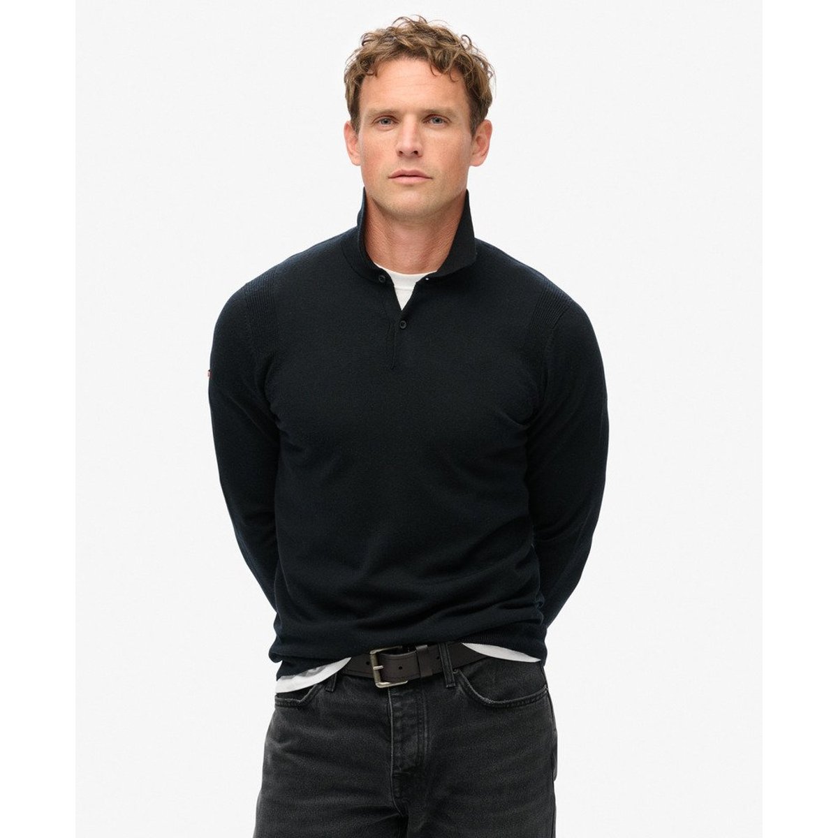 Pull Polo à Manches Longues en Laine Mérinos noir, SUPERDRY