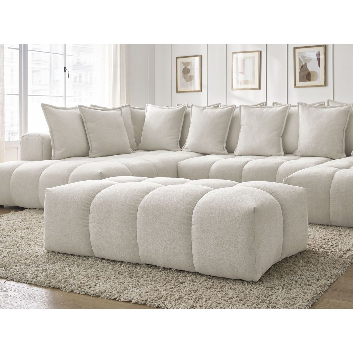 Canapé panoramique convertible 7 places en tissu texturé avec pouf, EVEREST blanc, BOBOCHIC