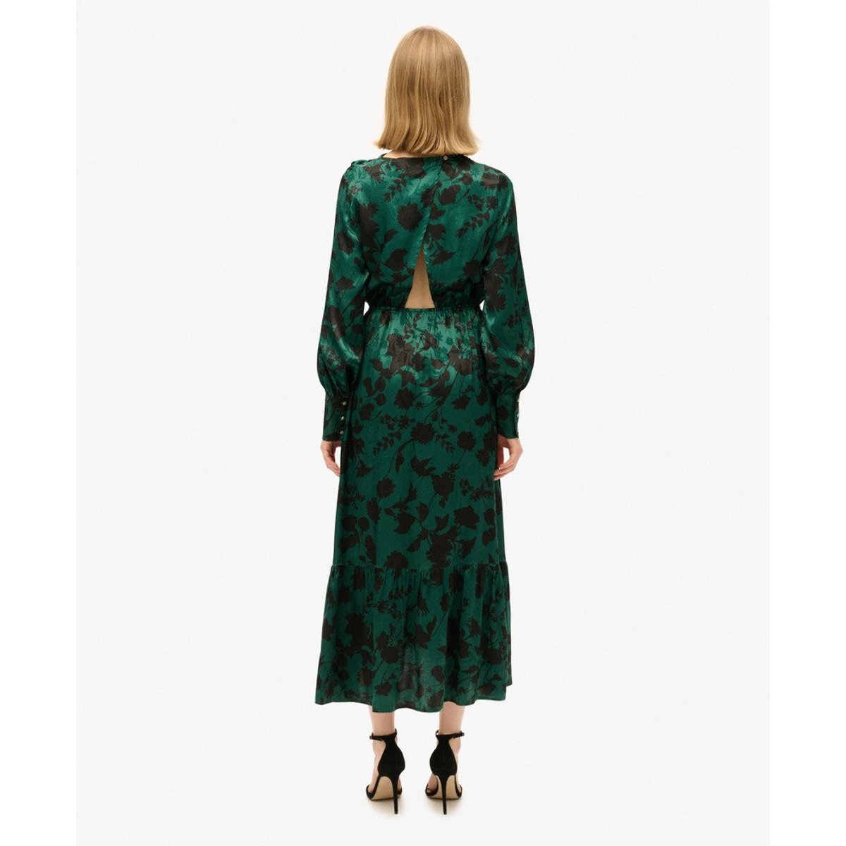 Robe longue en jacquard à col bénitier bleu sarcelle à motif floral, SUPERDRY
