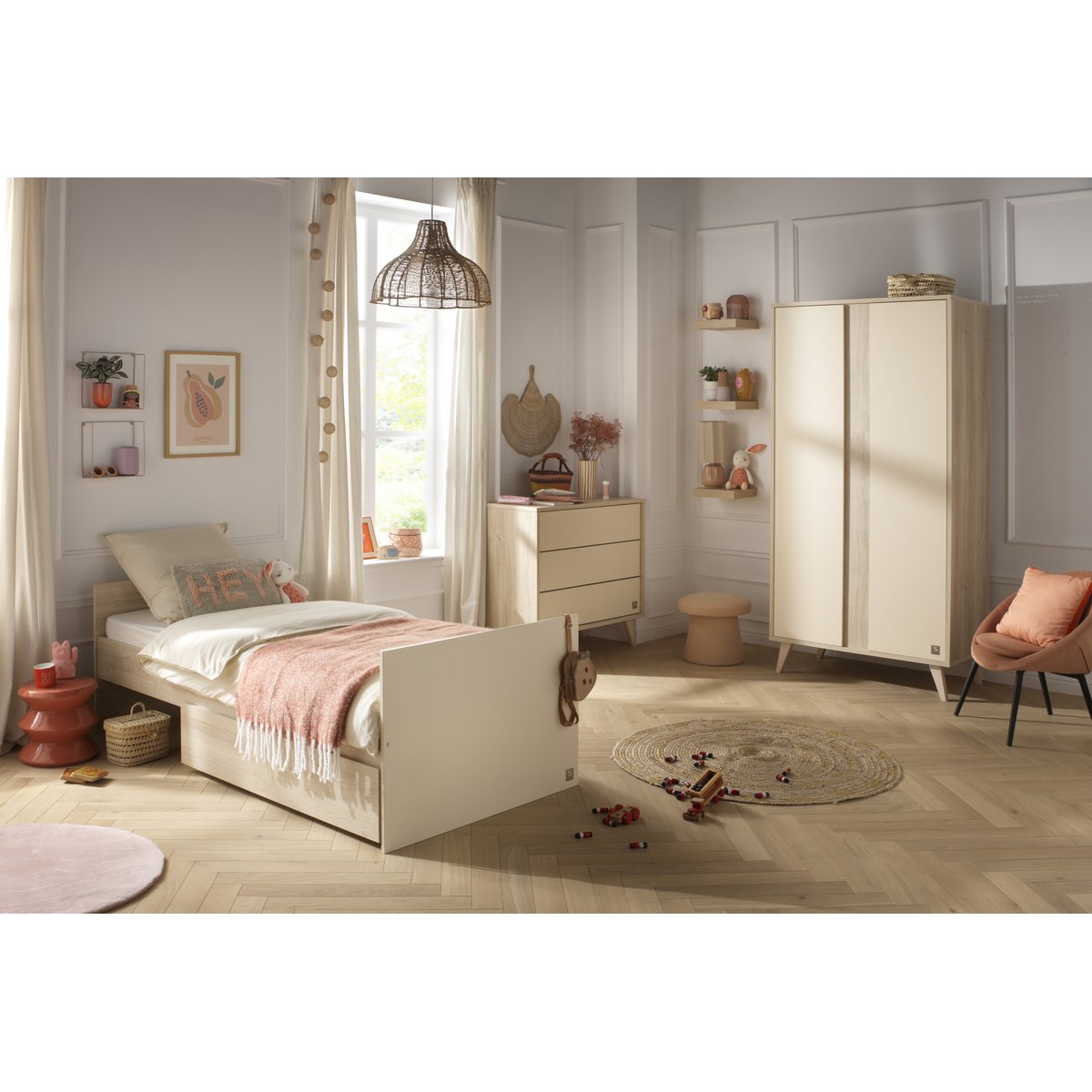 Lit évolutif avec têtes panneaux imitation bois marron/beige, SAUTHON