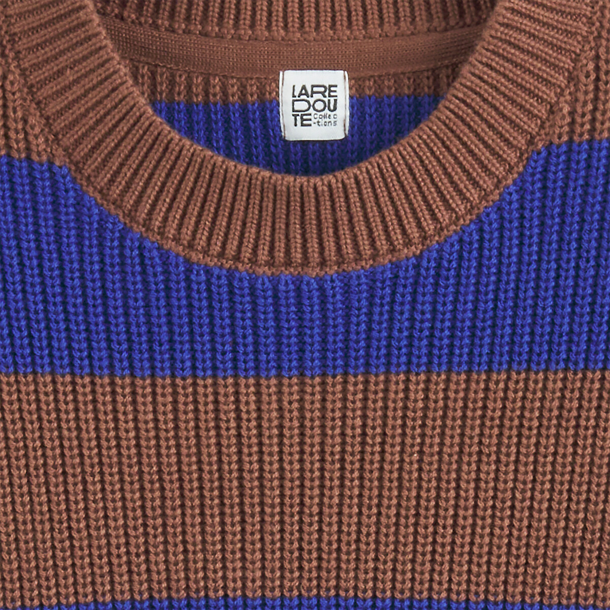 Jersey de rayas y cuello redondo en punto grueso marrón/azul, LA REDOUTE COLLECTIONS
