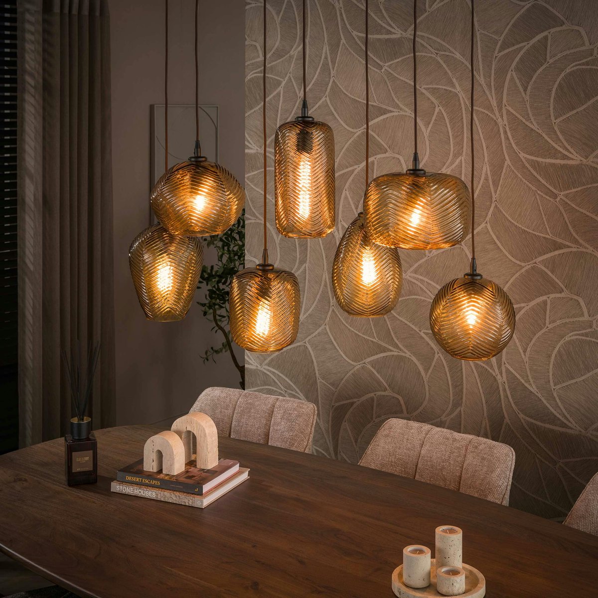 Suspension vintage verre brun fumé chevron 7 lampes NOVA marron, PIER IMPORT