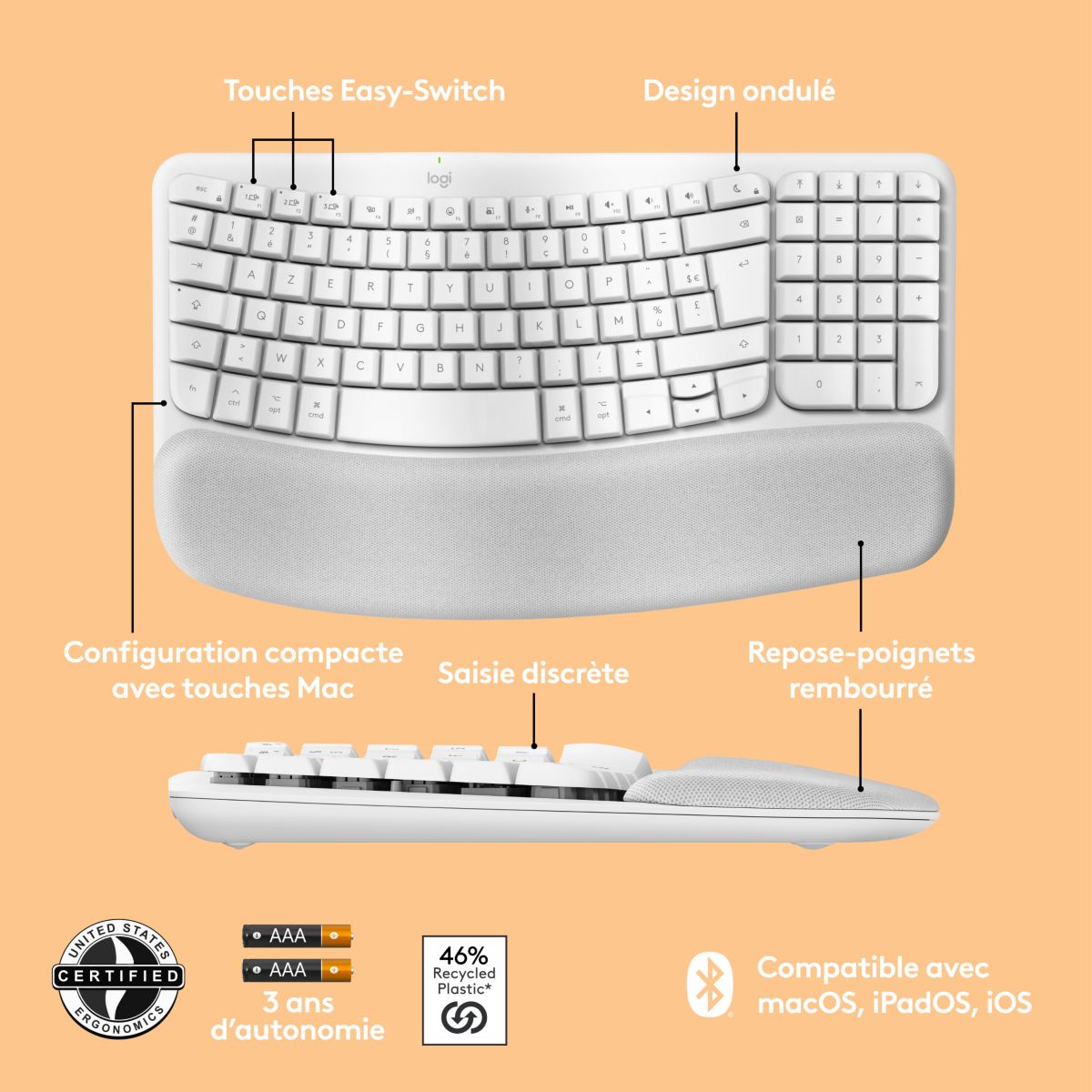 Clavier sans fil Wave Keys for Mac ergonomique couleur unique, LOGITECH