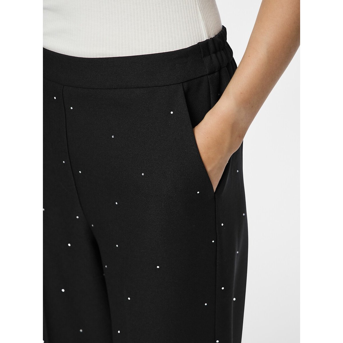 Wide Leg Trousers with High Waist and Diamanté Detailing black, PIECES