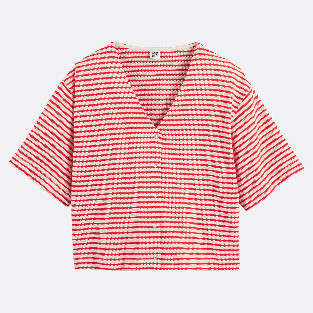 T-shirt boutonné col V rayé rayé rouge/écru, LA REDOUTE COLLECTIONS