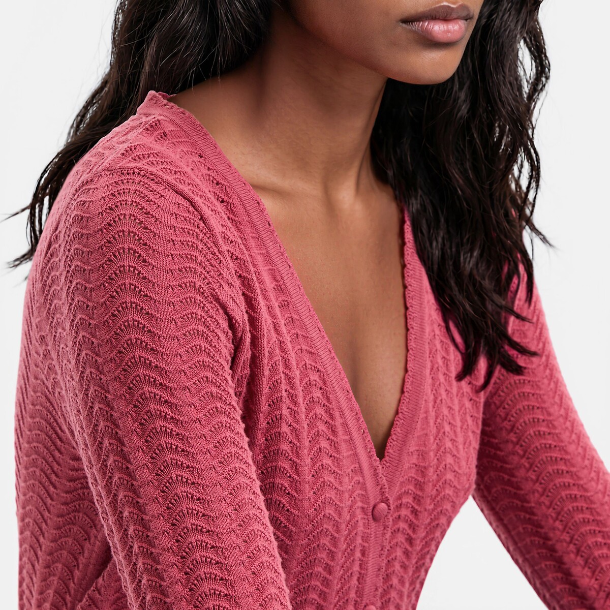 Chaqueta de punto fino con cuello de pico y cierre de botones rosa maquillaje, LA REDOUTE COLLECTIONS
