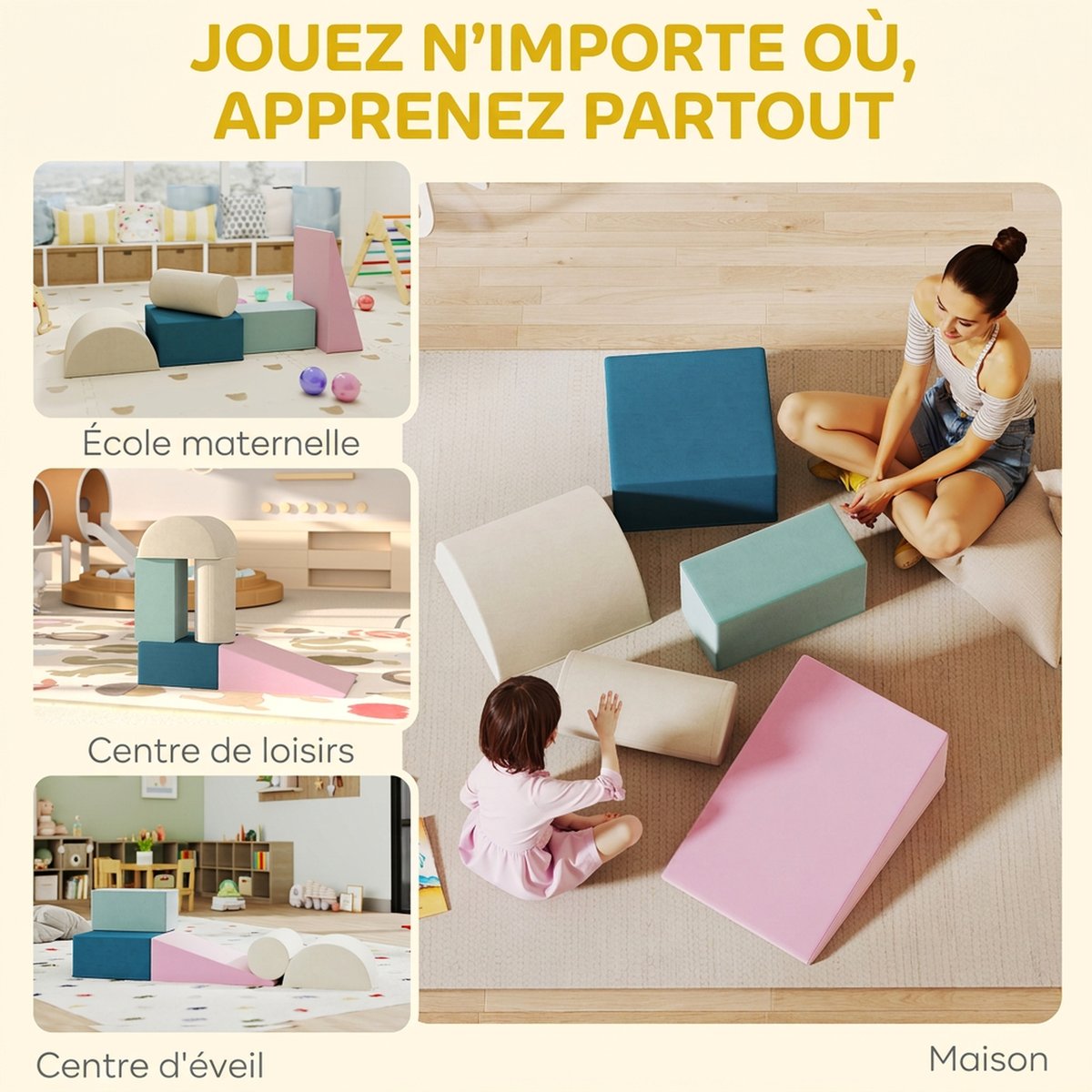 Ensemble de jeux mous pour enfants Velours vert clair, bleu, rose, jaune, orange, AIYAPLAY