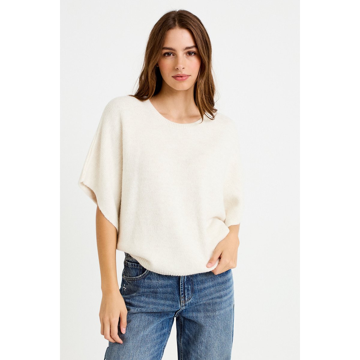 Pull oversize col rond manches courtes ecru, CACHE CACHE