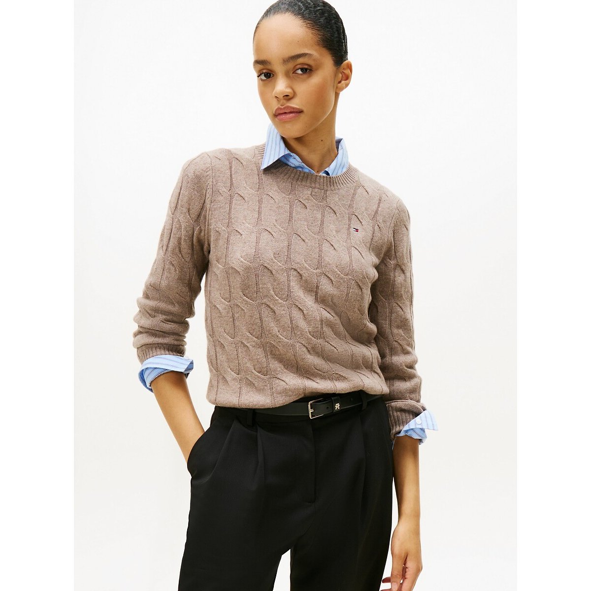 Pull col rond en laine torsadée beige, TOMMY HILFIGER