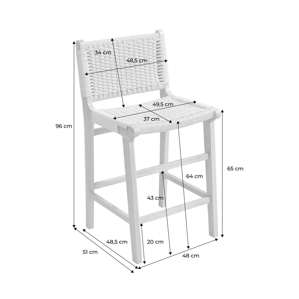 Tabouret de bar bois d'hévéa et assise en cordes 64cm (lot de 2) JOY effet noyer, SWEEEK
