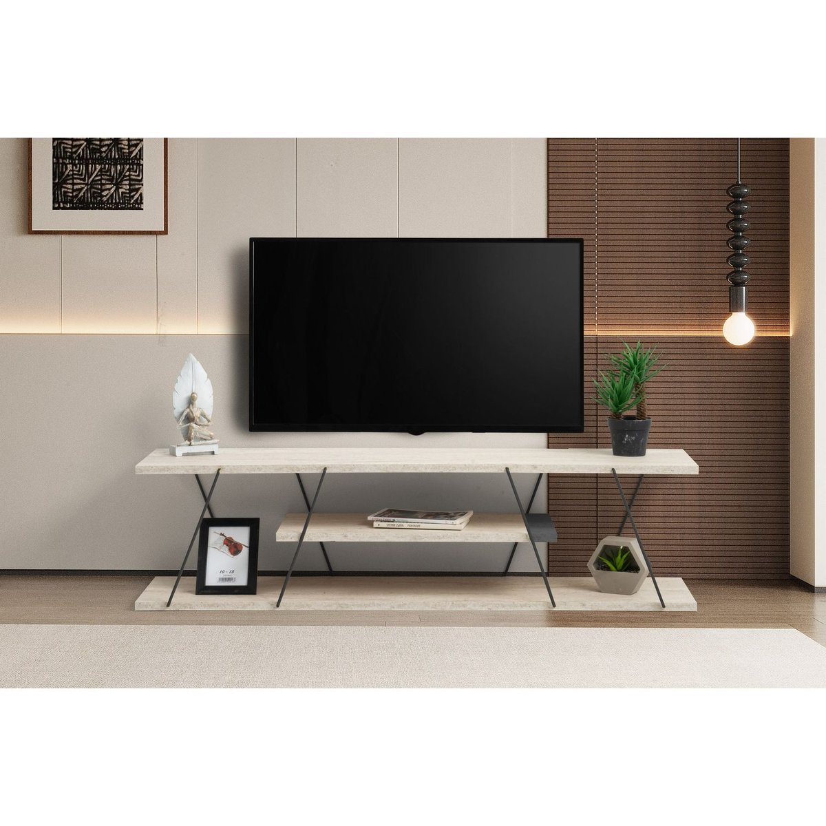 Meuble TV 3 niveaux effet travertin design industriel CANAZ beige, TOILINUX