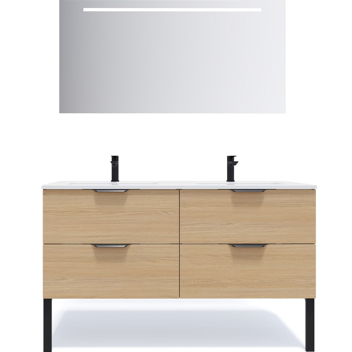 Ensemble double vasque 4 tiroirs + miroir - SOHO chêne clair, HOMIFAB