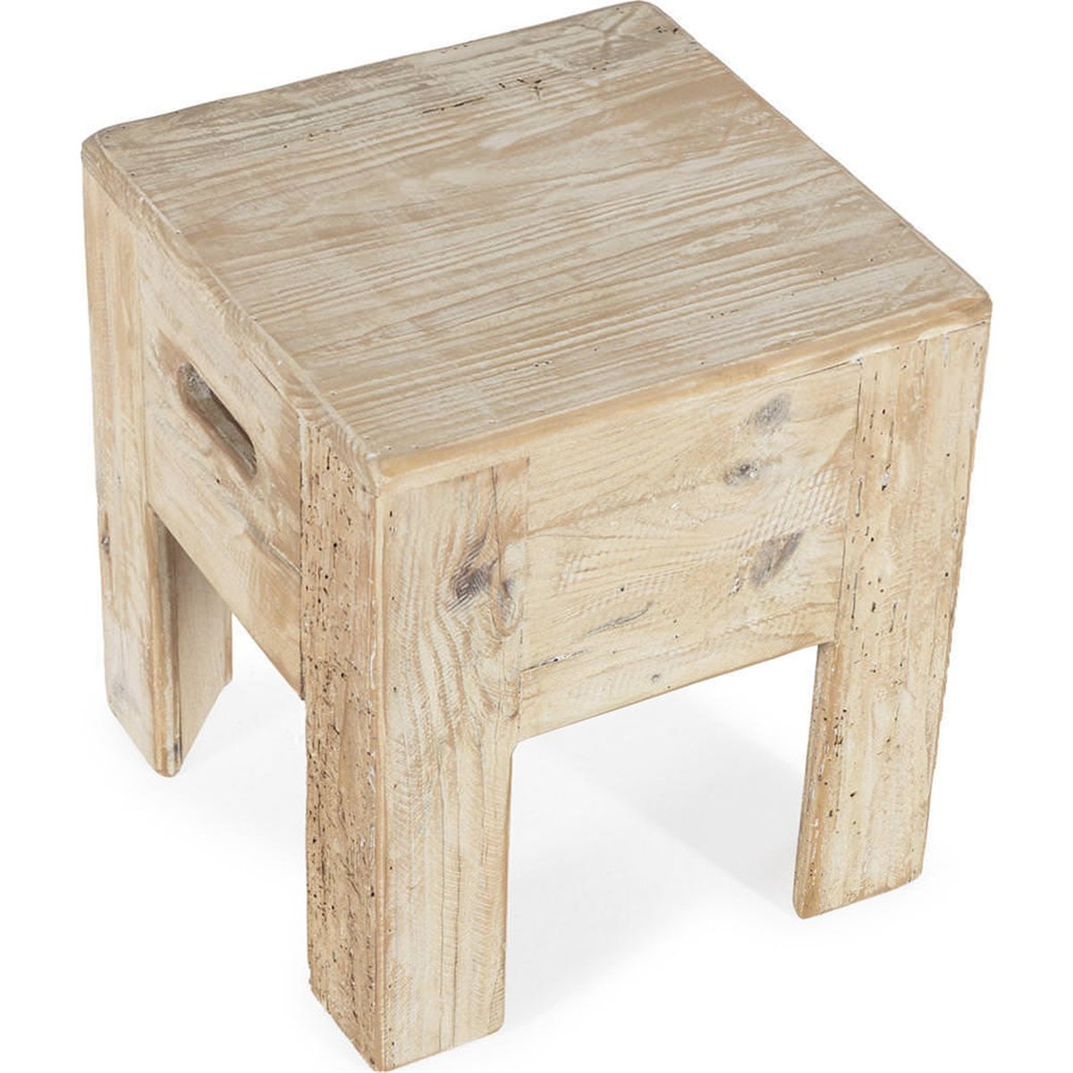 Tabouret carré en pin recyclé blanc vieilli, RECOLLECTION