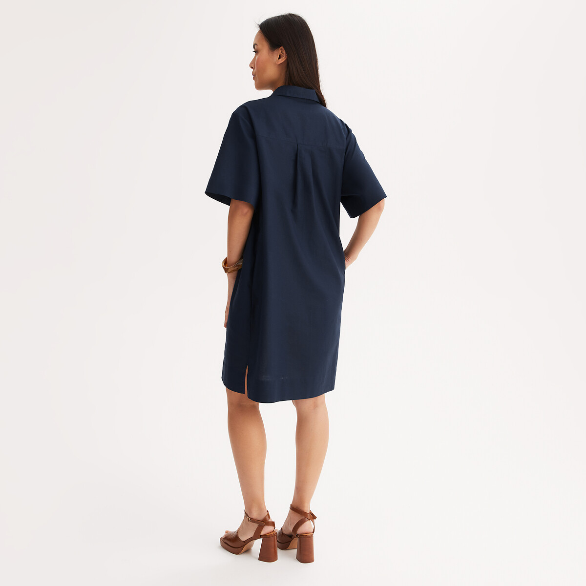 Abito dritto a maniche corte in lino e cotone blu marino, ANNE WEYBURN
