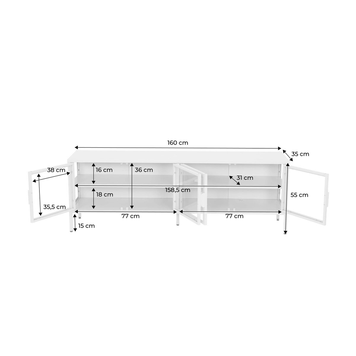 Meuble TV industriel métal et verre trempé 4 portes 160cm ARKANSAS crème, SWEEEK