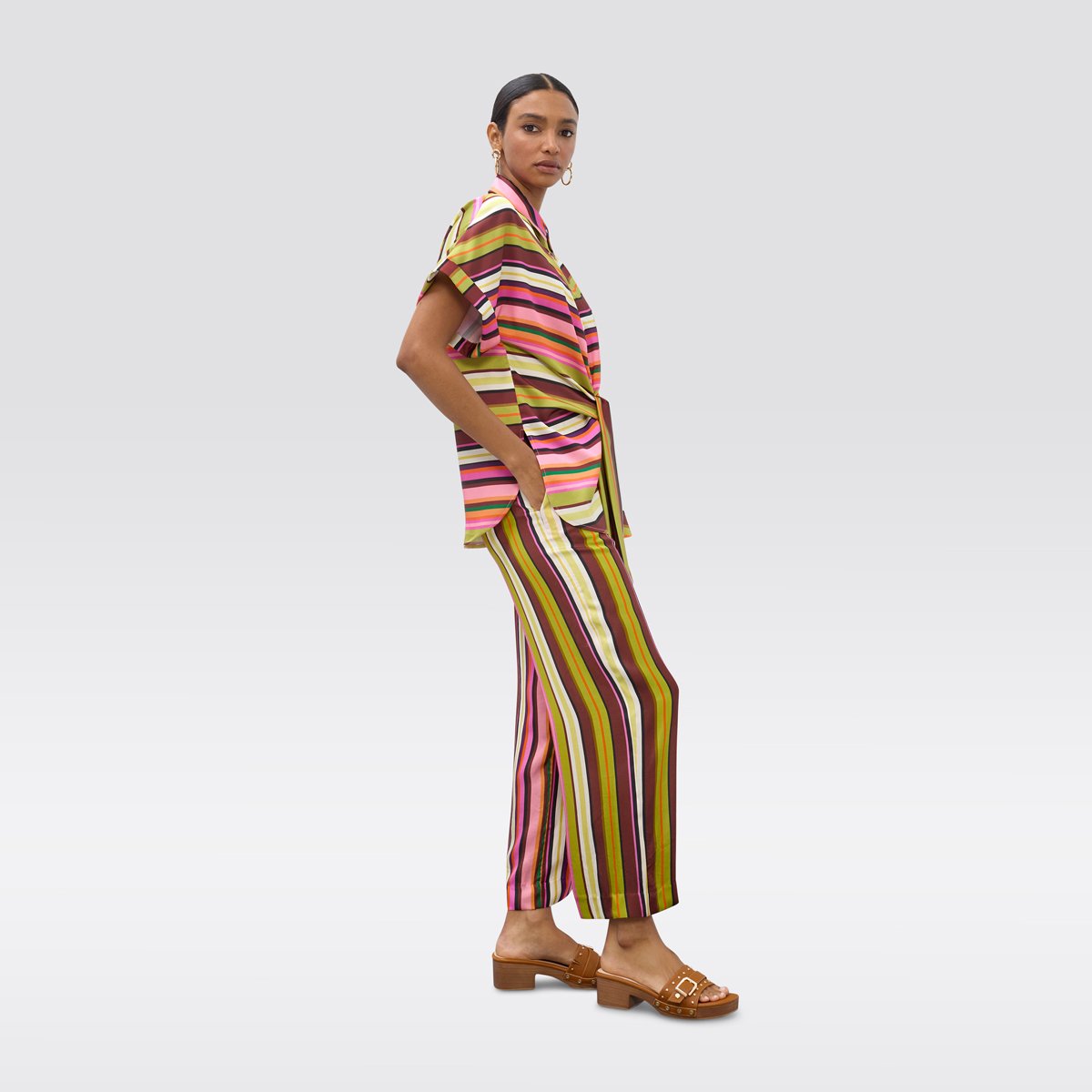 Pantalon fluide large à rayures graphiques vert olive, LOLA CASADEMUNT