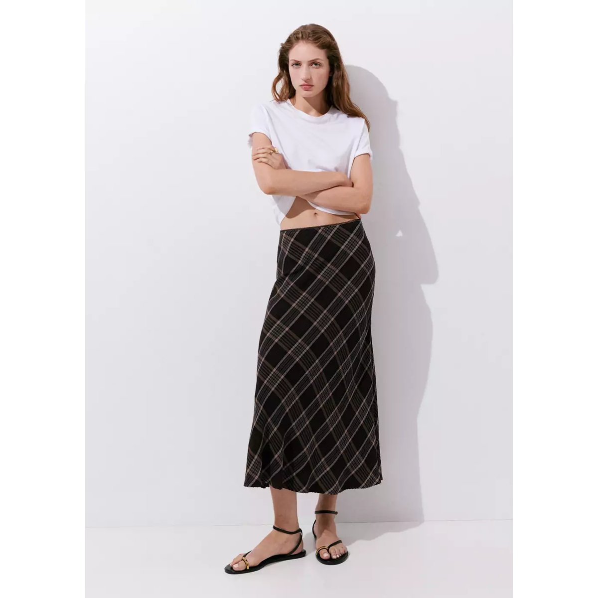 Jupe midi carreaux marron, MANGO