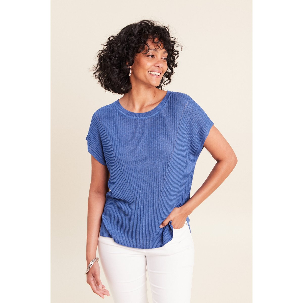 Pull col rond manches courtes bleu roi, BREAL