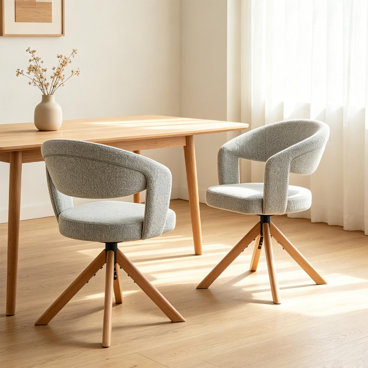 Lot de 2 fauteuils de salle à manger en chenille rotatif scandinave, CARMONDA chêne, MEUBLES COSY