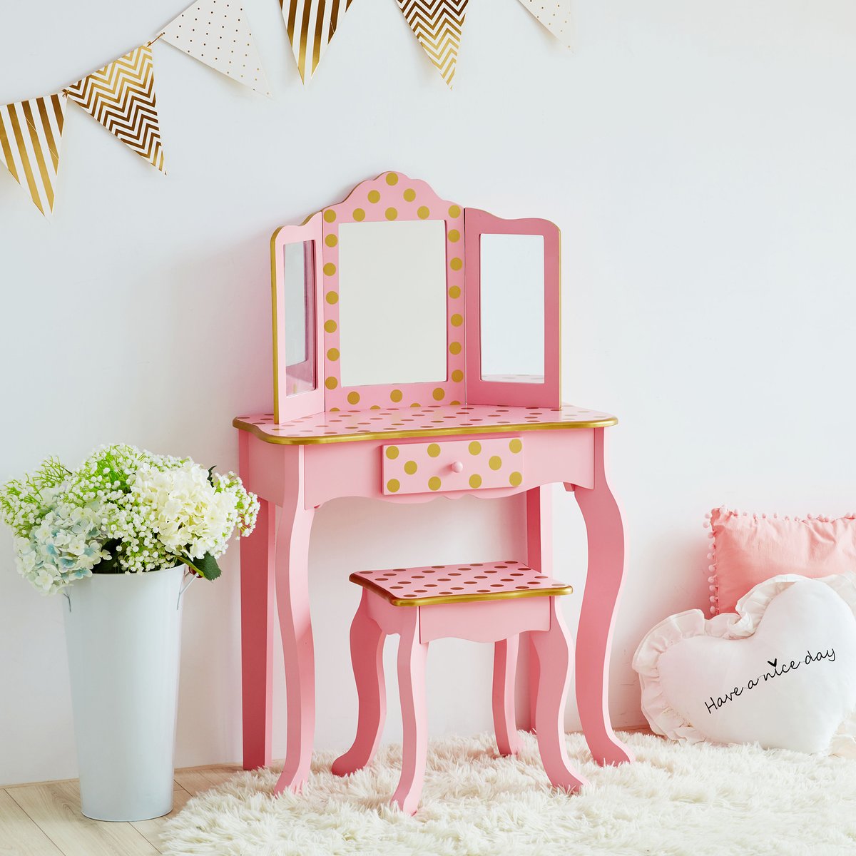 Coiffeuse Tabouret Enfant Bois avec miroir, tabouret et tiroir, FASHION PRINTS rose, TEAMSON KIDS