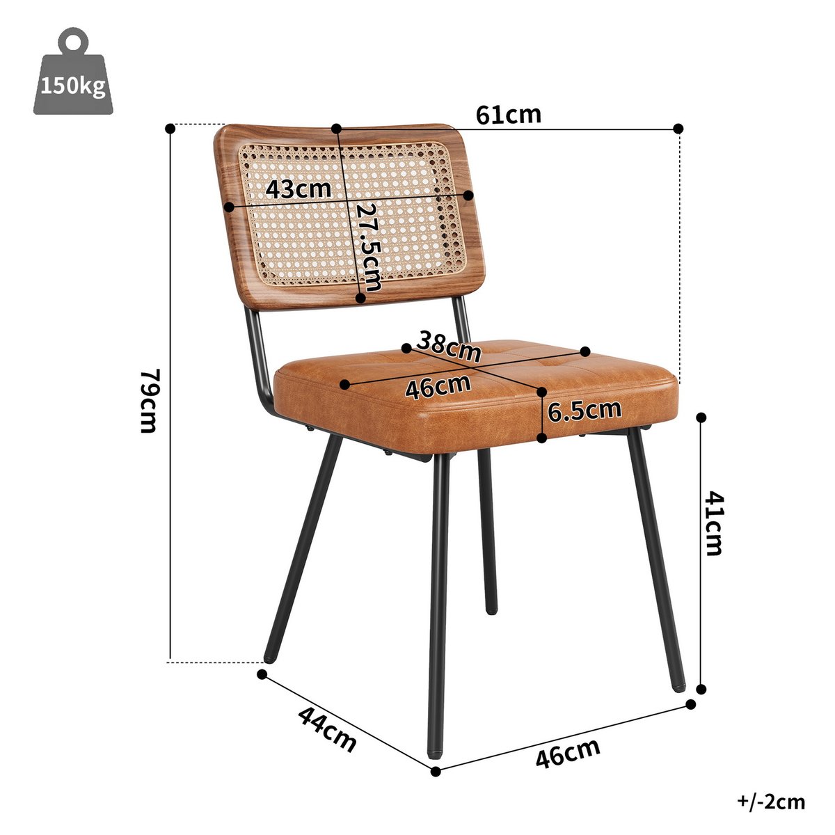 Lot de 6 chaises de salle à manger en simili cuir avec dossier en rotin PE style rétro moderne, KAROMIR marron, MEUBLES COSY