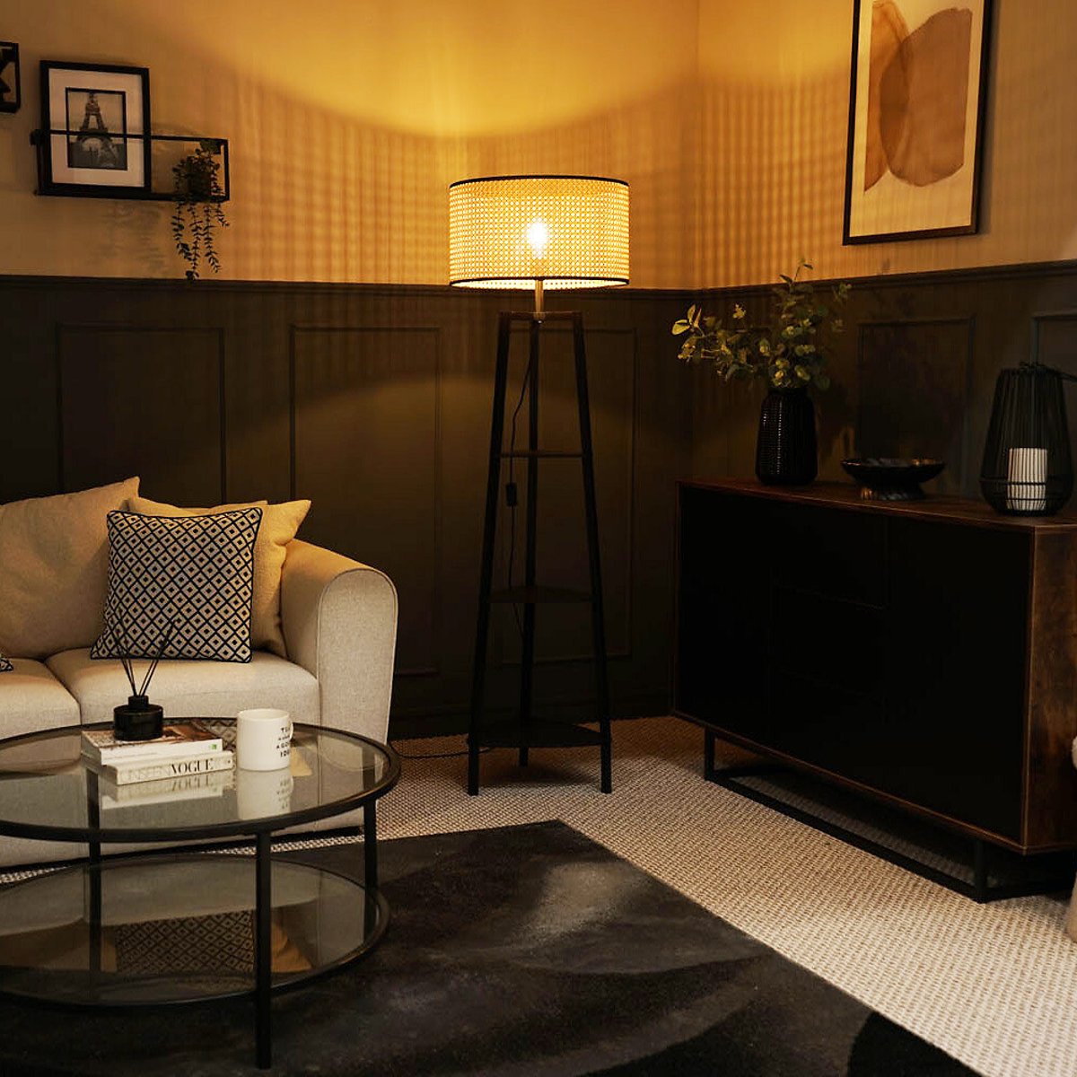 Hollis 3-Tier Shelf Tripod Floor Lamp with Black Trim Shade black, SO'HOME