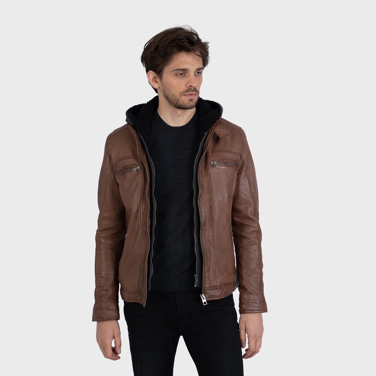Blouson en cuir à capuche amovible DRINK brun, OAKWOOD