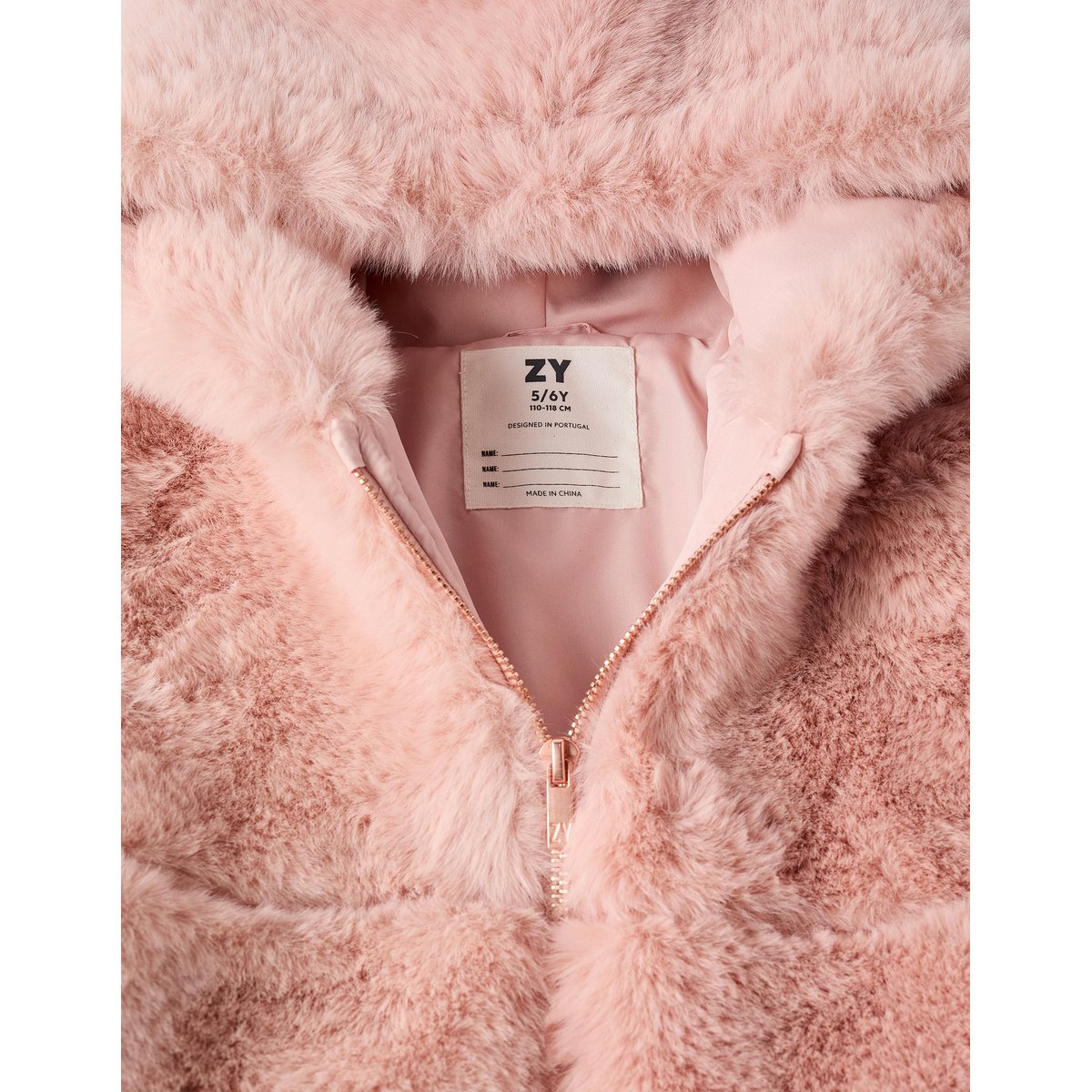 Manteau en peluche douce synthétique à capuche et doublure rose clair, ZIPPY