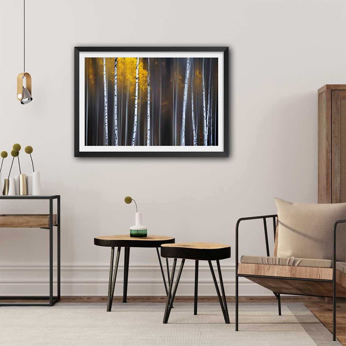 Affiche paysage Rideau d'automne affiche + cadre en bois - noir, HEXOA