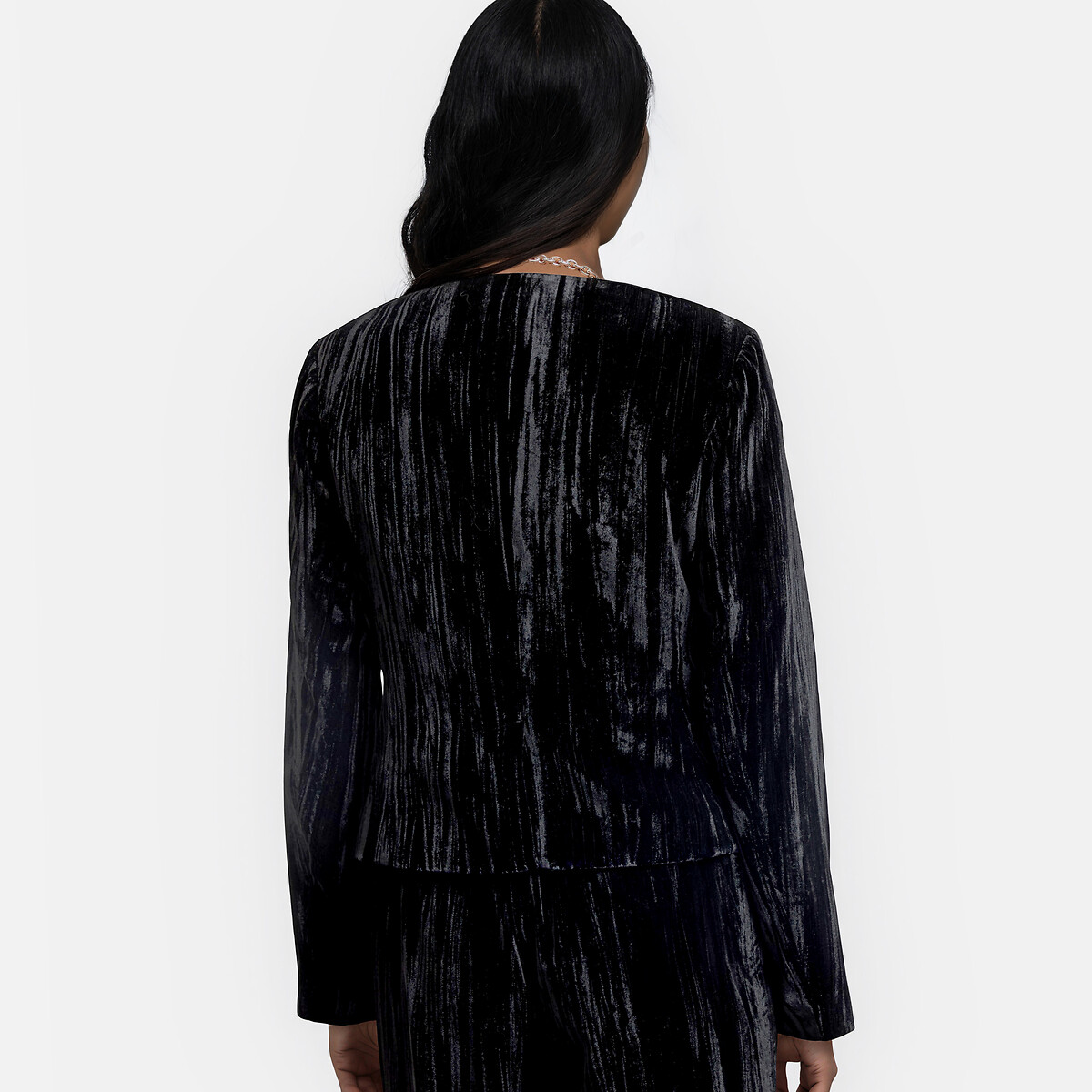 Casaco curto, de gola redonda, em veludo martelado preto , LA REDOUTE COLLECTIONS