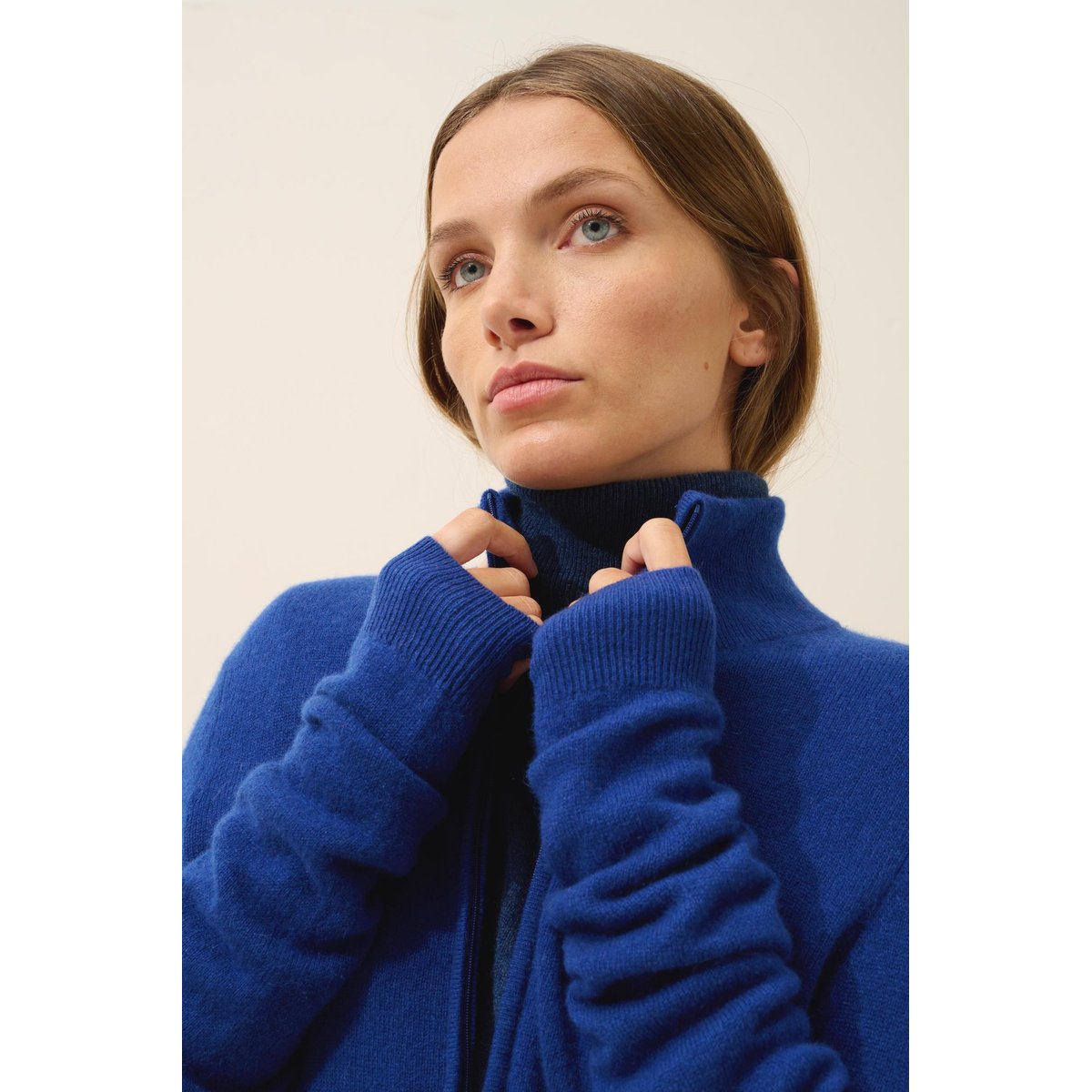 Gilet Zippé Col Montant Outremer Ayr bleu foncé, JUST CASHMERE
