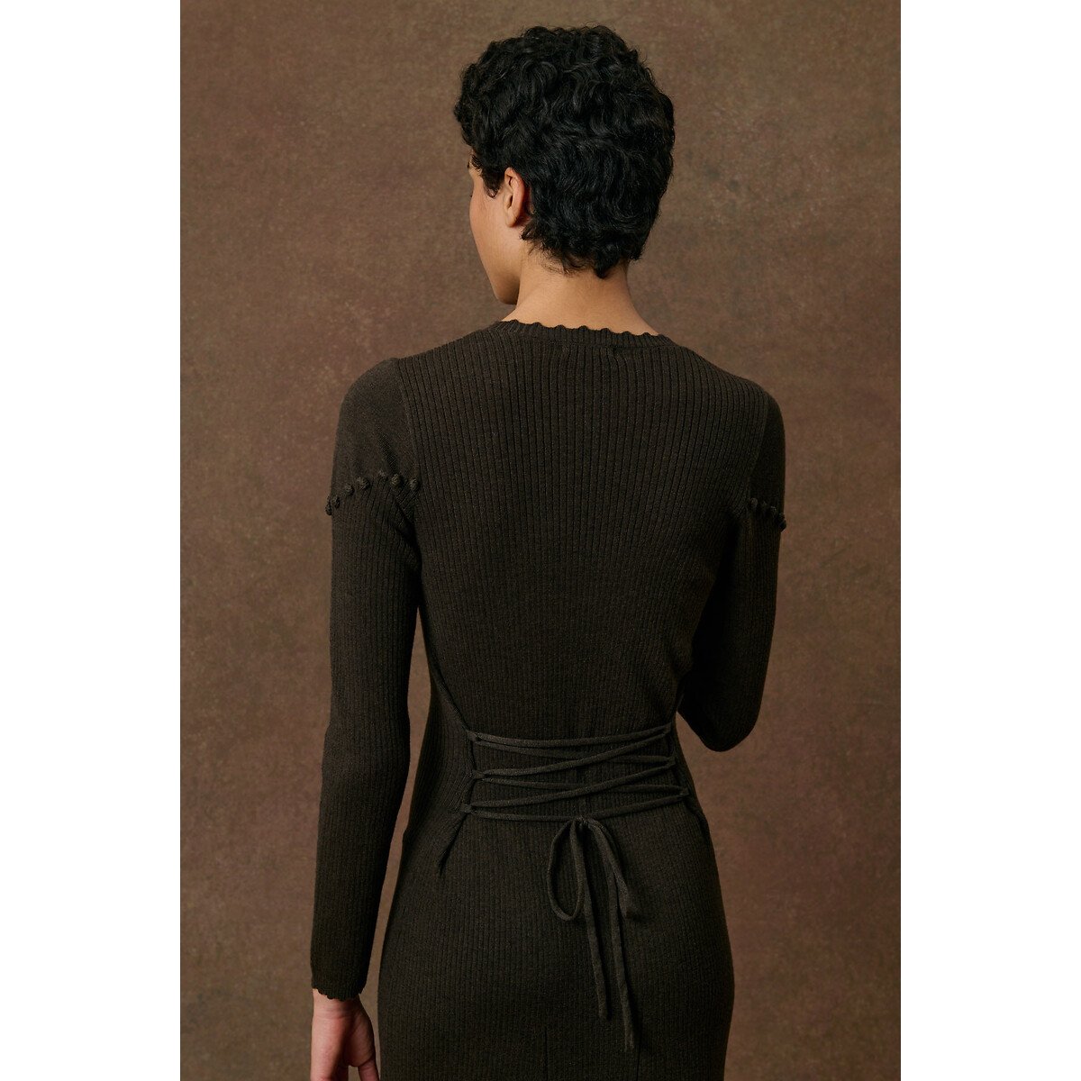 Vestido comprido em mistura de lã bordado, BRYGIDA chocolate, LOUISE MISHA