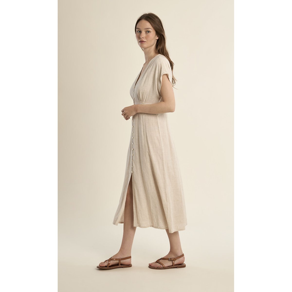 Abito lungo scollo a V e maniche corte beige, MOLLY BRACKEN