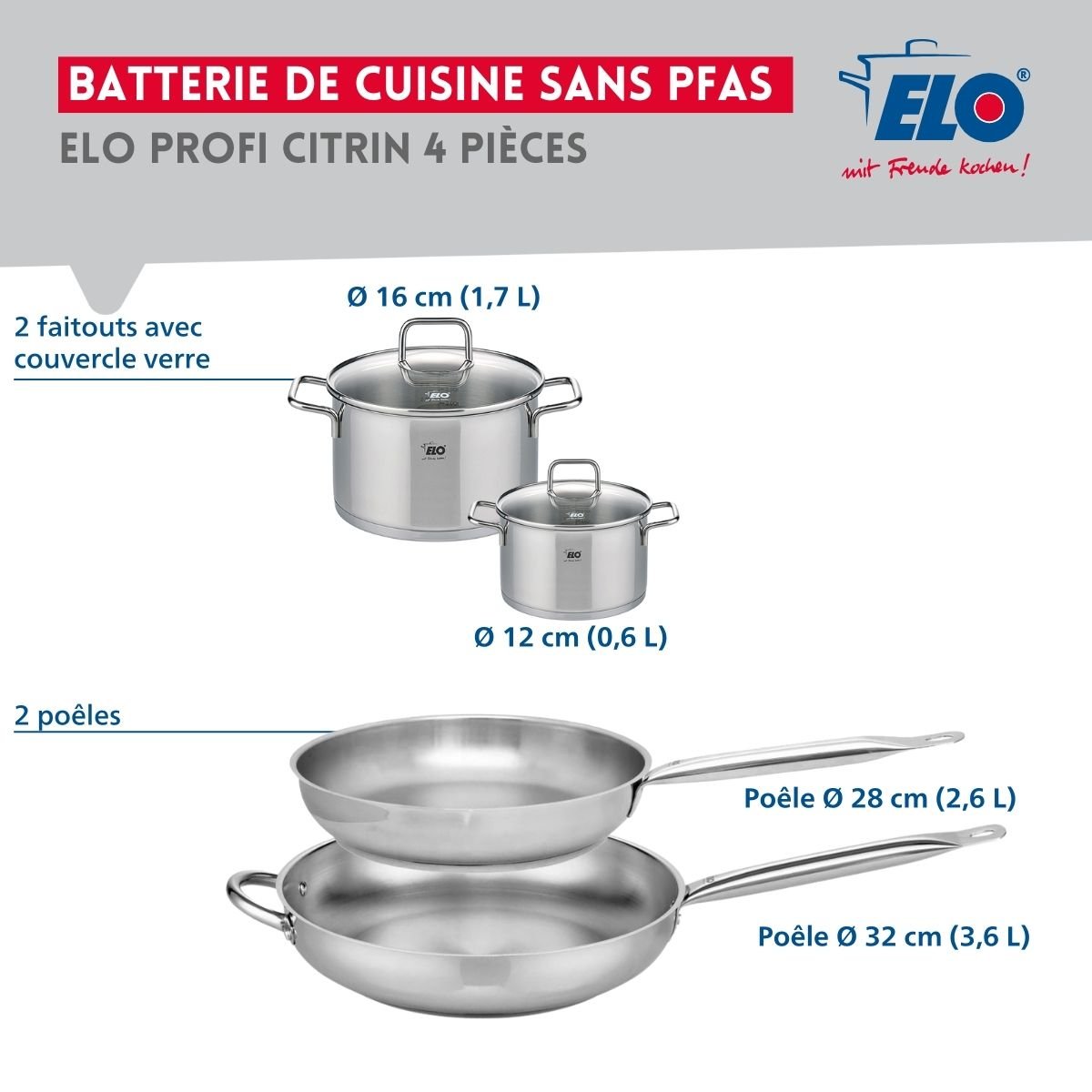 Batterie 2 poêles 28/32cm + 2 faitouts 12/16cm PROFI CITRIN inox, ELO
