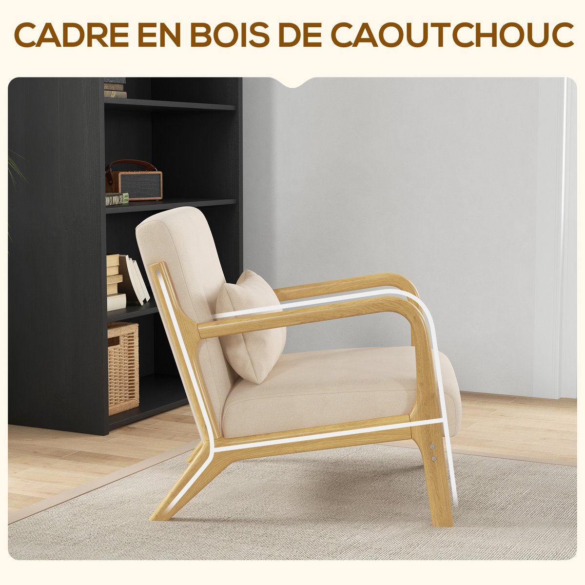 Accent Chair velours (100 % polyester) Beige beige, bois naturel, HOMCOM