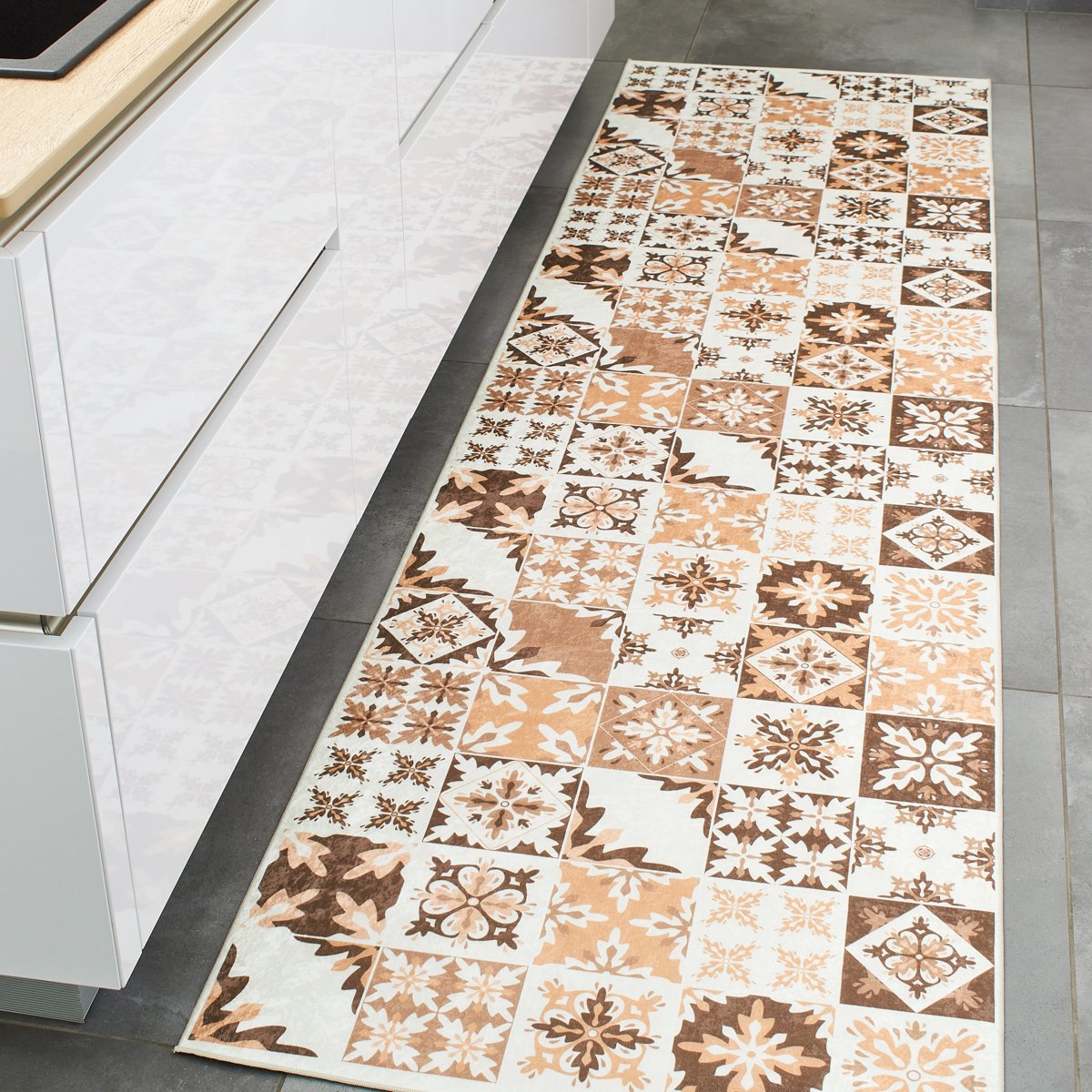 Tapis de cuisine carreaux de ciment AZULEJO orange, NAZAR RUGS