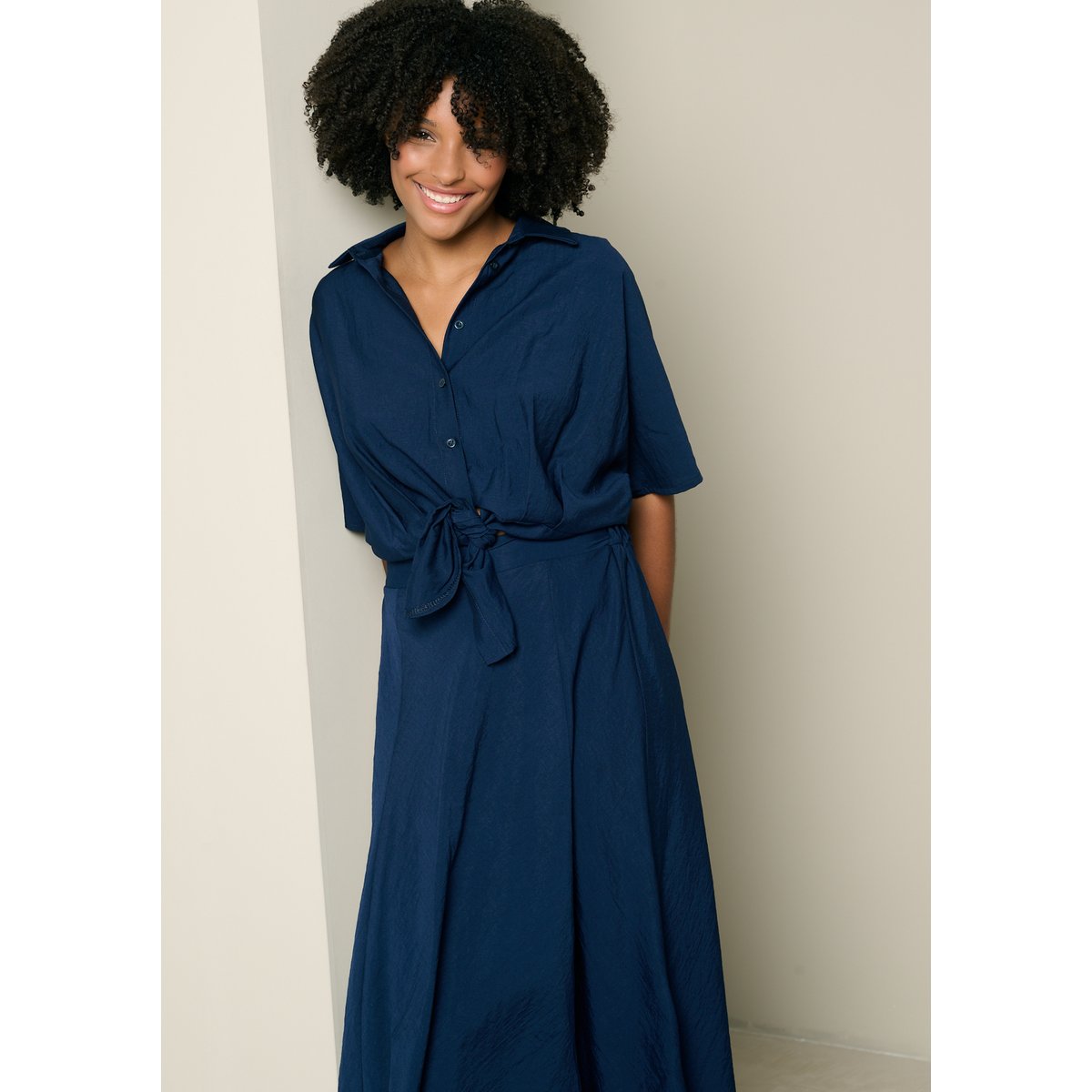 Chemise nouée manches courtes bleu marine, LOLALIZA