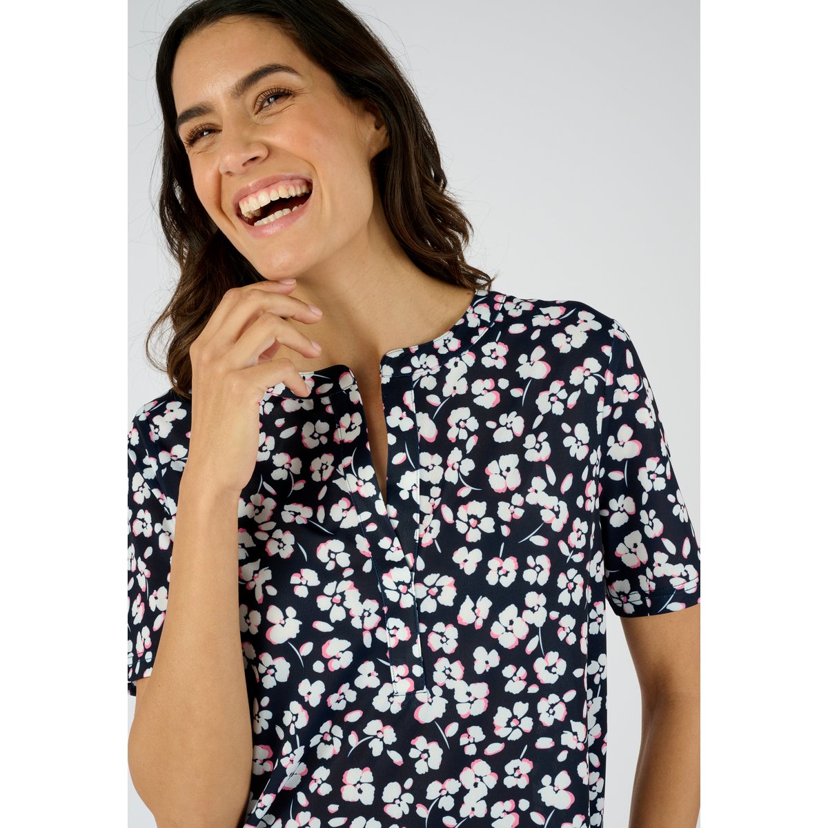 Tunique maille crêpe stretch fleurie bleu marine fleuri, DAMART